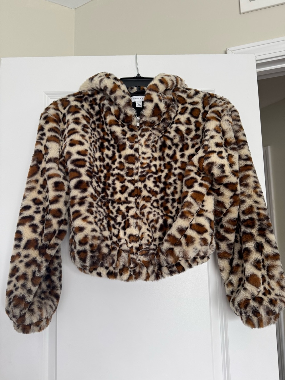 Topshop Brown and Cream Leopard Print Faux Fur Zip Hooded Jacket